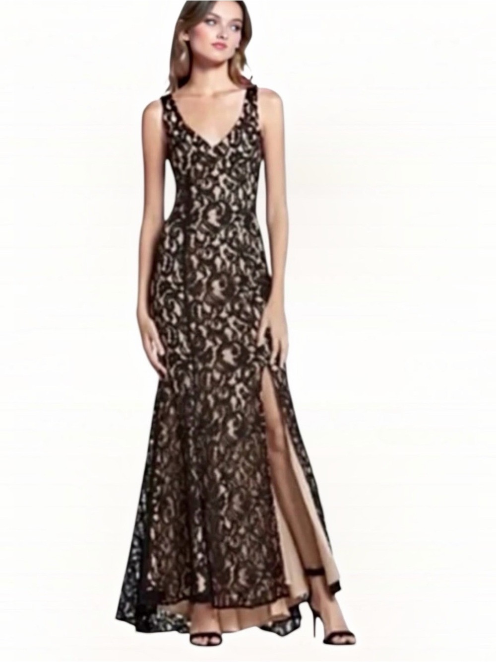 BCBGeneration Lace Pink lining Sleeveless V Neck Evening Gown Maxi Dress Size 10